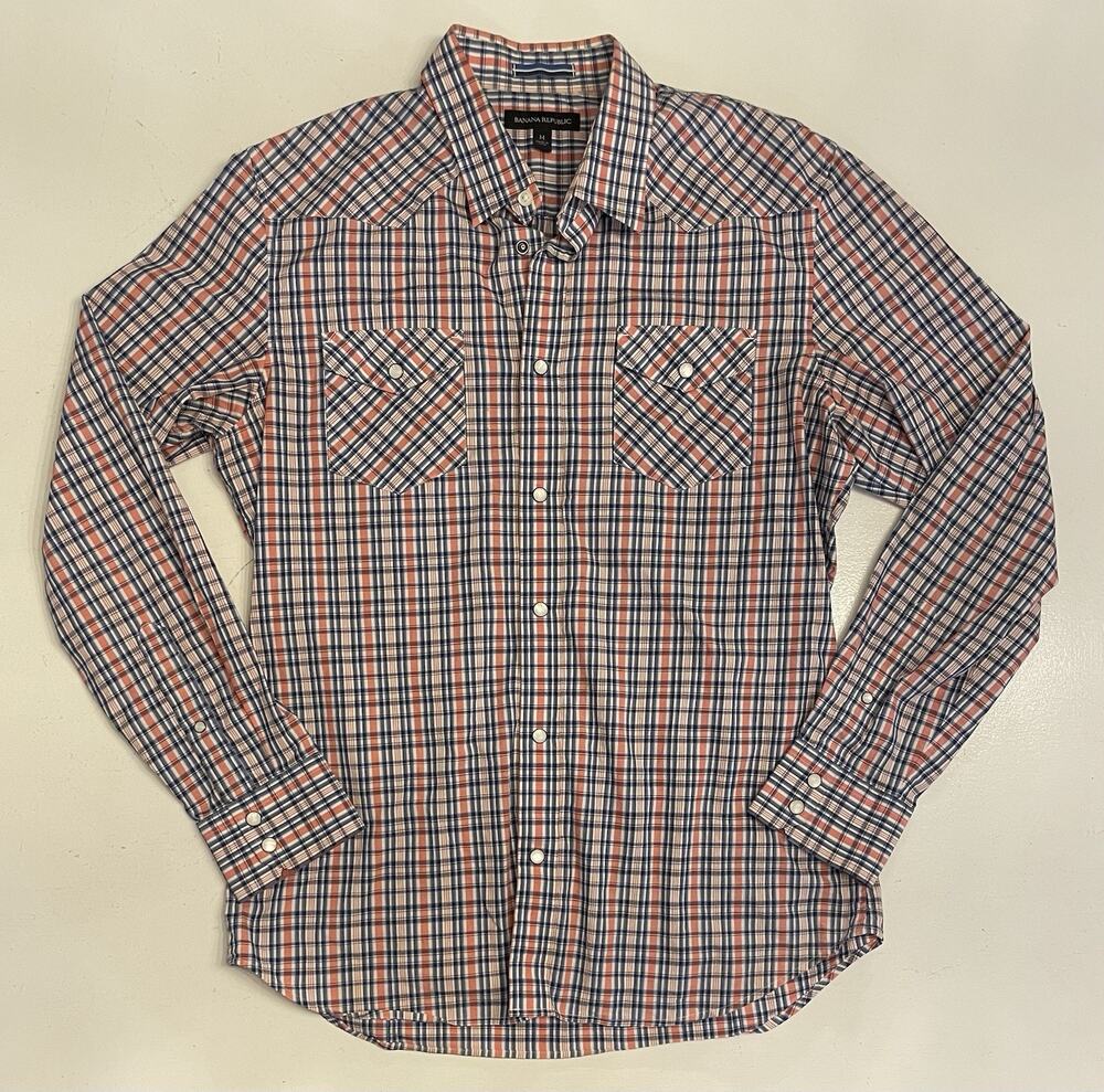 Banana Republic Men Med Classic Western Button Up Orange Blue Plaid Long Sleeve